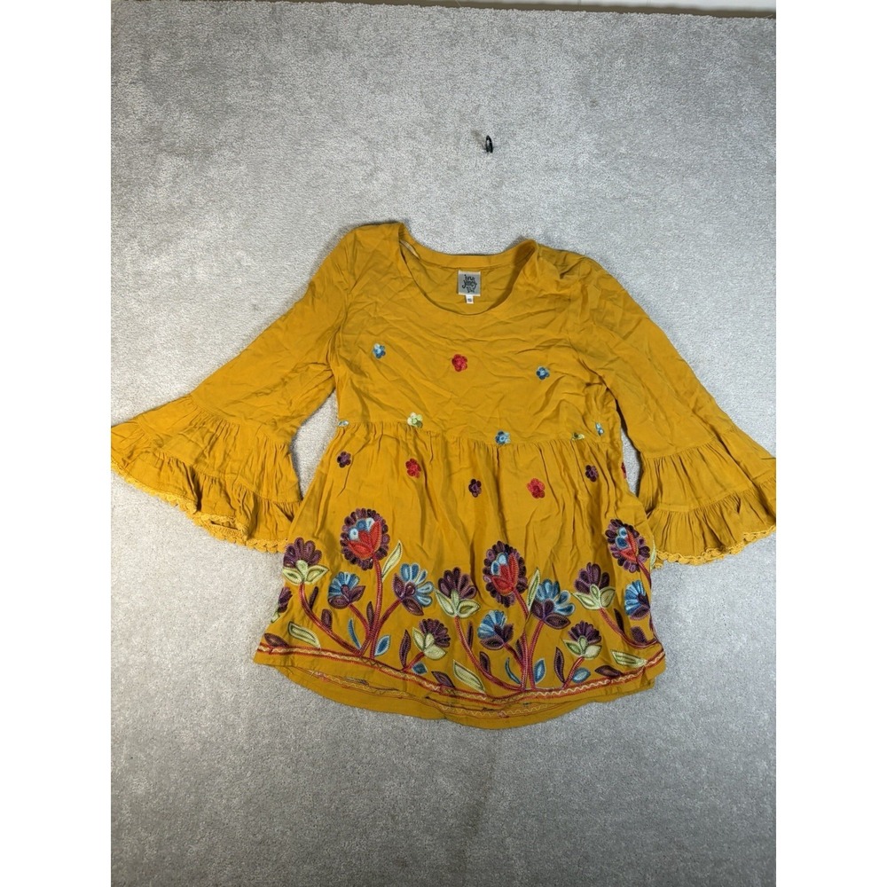 mustard yellow Ivy Jane embroidered floral blouse‎ with bell sleeve S USA Made